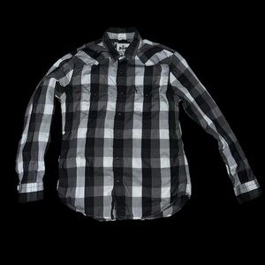 Vintage men’s Express Black/white checkered long sleeve shirt with a grunge vibe